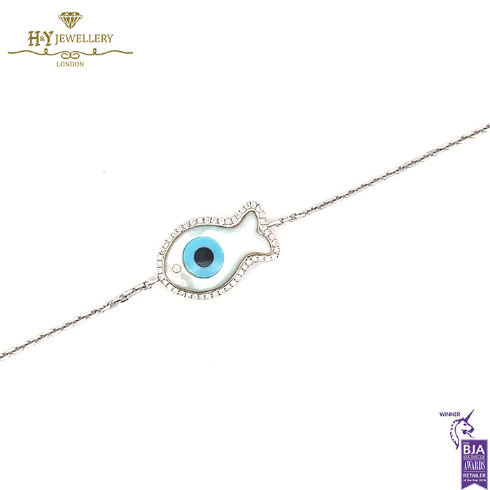 White Gold Brilliant Cut Diamond Protection from The Evil Eye Fish Charm Bracelet - 0.15ct-17243