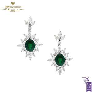 White Gold Oval Cut Emerald & Mix Cut Diamond Drop Venus Design Earrings - 5.89 ct-0