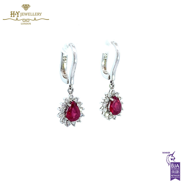 White Gold Pear Cut Ruby & Brilliant Cut Diamond Drop Earrings -2.59ct-17637