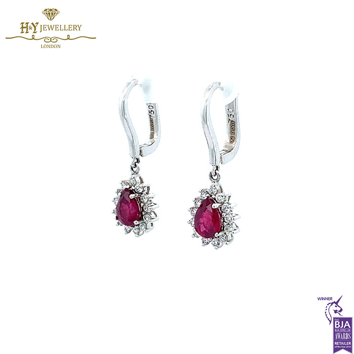 White Gold Pear Cut Ruby & Brilliant Cut Diamond Drop Earrings -2.59ct-17636