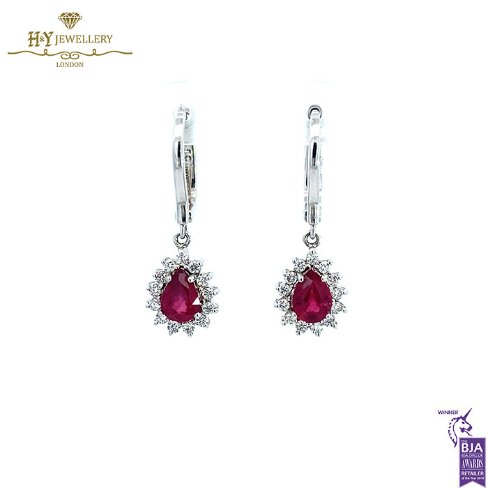 White Gold Pear Cut Ruby & Brilliant Cut Diamond Drop Earrings -2.59ct-17635