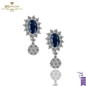 White Gold Oval Cut Royal Blue Sapphire & Brilliant Cut Diamond Earrings - 1.97ct-0