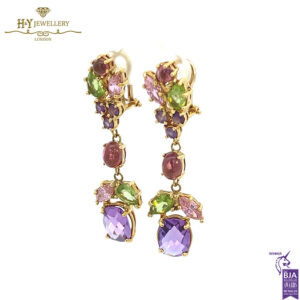 Yellow Gold Mix Cut Amethyst, Topaz, Peridot and Citrine Drop Chandelier Earrings -17255