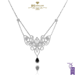 White Gold Pear Cut Blue Sapphire & Brilliant Cut Diamond Filigree Design Necklace - 3.32ct-0