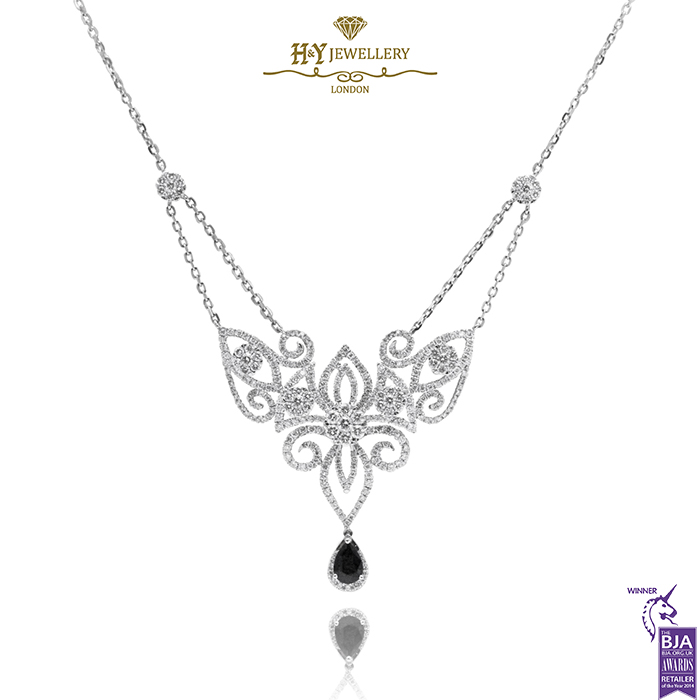 White Gold Pear Cut Blue Sapphire & Brilliant Cut Diamond Filigree Design Necklace - 3.32ct-0