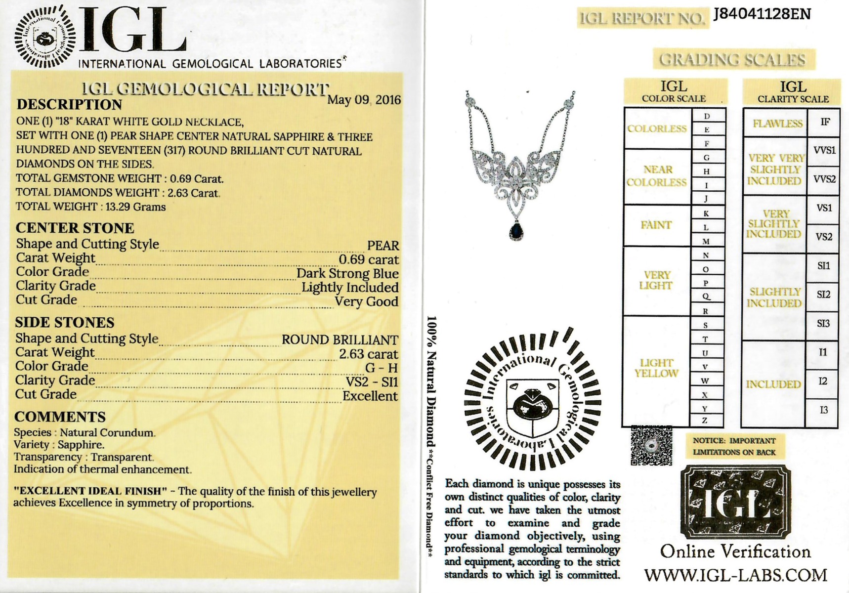 White Gold Pear Cut Blue Sapphire & Brilliant Cut Diamond Filigree Design Necklace - 3.32ct-11776