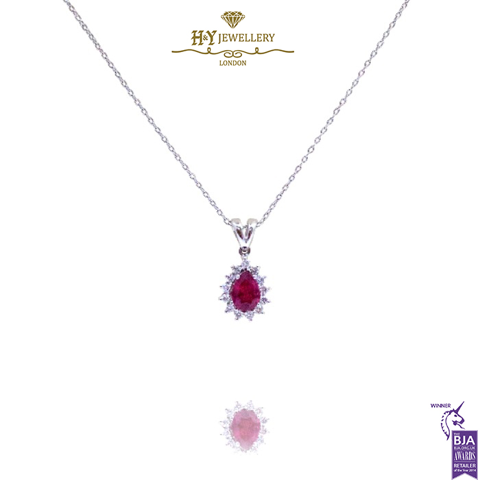 White Gold Pear Cut Ruby & Brilliant Cut Diamond Pendant - 1.40 ct -0