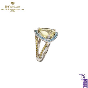 White Gold Trilliant Cut Peridot & Brilliant Cut Aquamarine with Diamond Mauboussin Ring - 15.21ct-17547