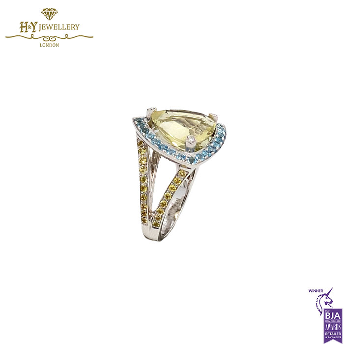 White Gold Trilliant Cut Peridot & Brilliant Cut Aquamarine with Diamond Mauboussin Ring - 15.21ct-17547