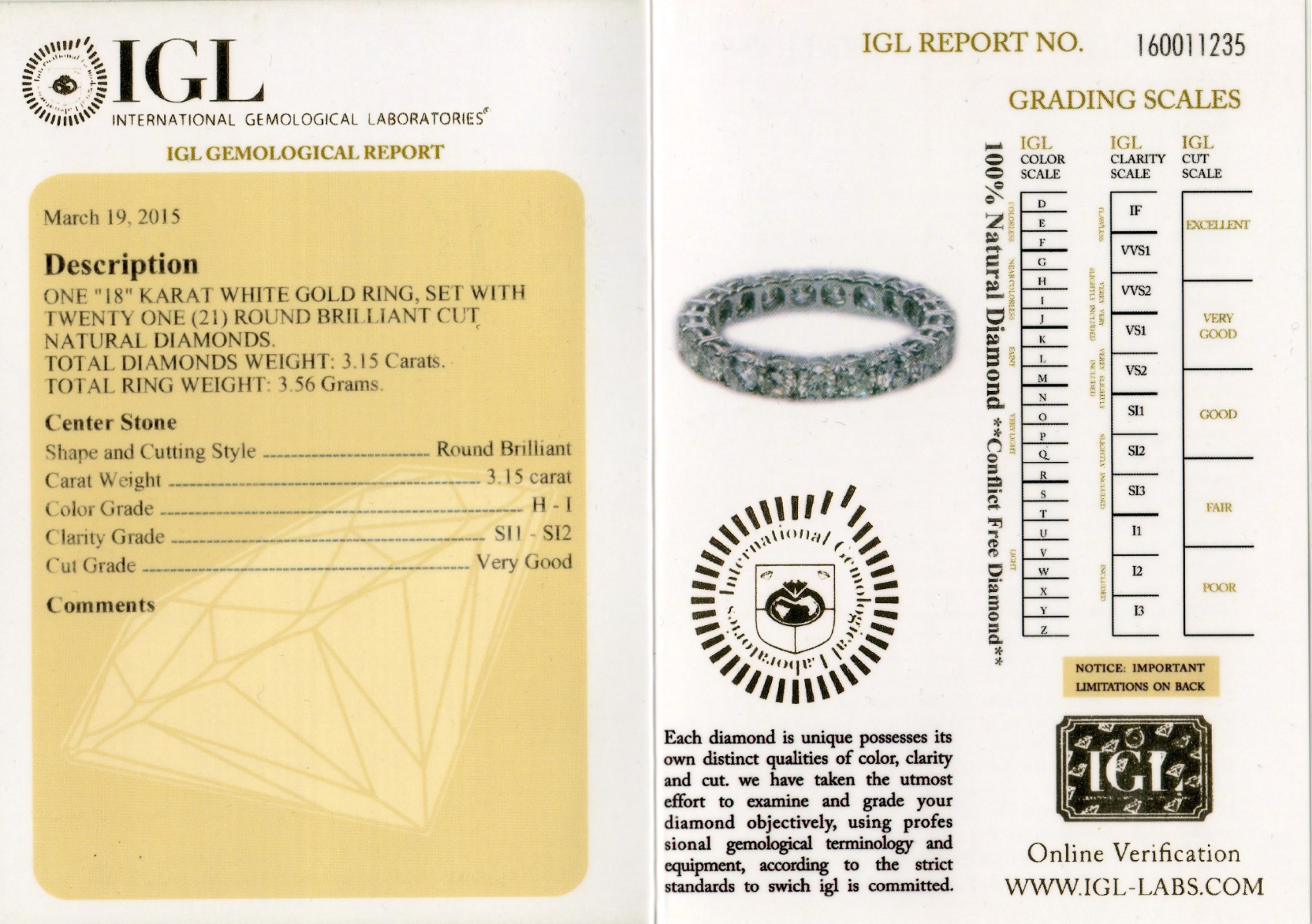 White Gold Brilliant Cut Diamond Full Eternity Ring - 3.15ct -10853