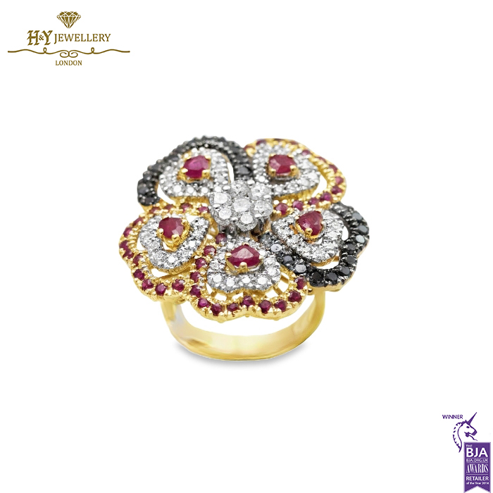 Yellow Gold Brilliant Cut Ruby & Diamond Flower Shape Ring - 4.40ct-0