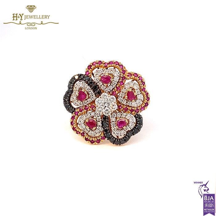 Yellow Gold Brilliant Cut Ruby & Diamond Flower Shape Ring - 4.40ct-17764
