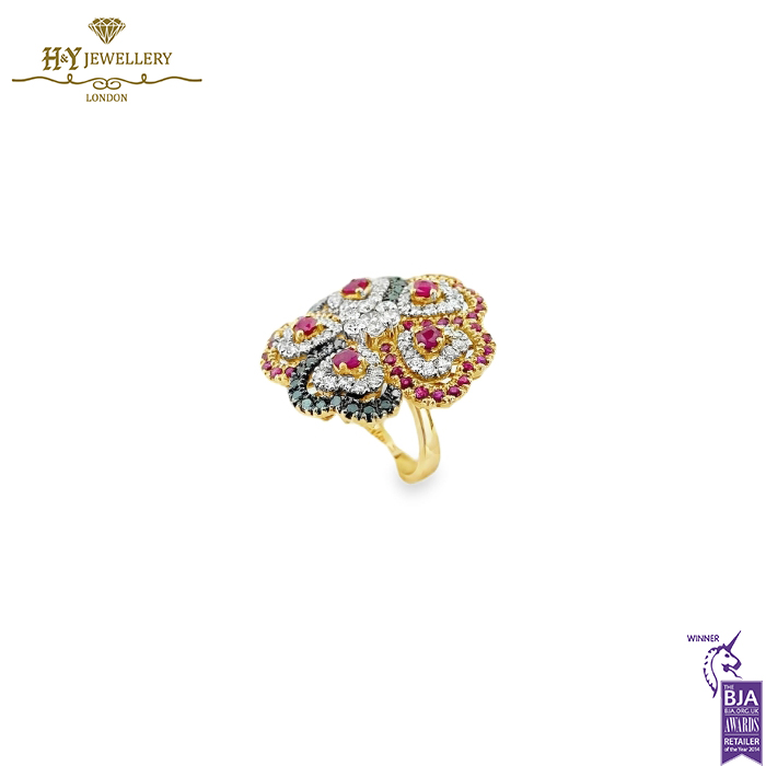 Yellow Gold Brilliant Cut Ruby & Diamond Flower Shape Ring - 4.40ct-14002
