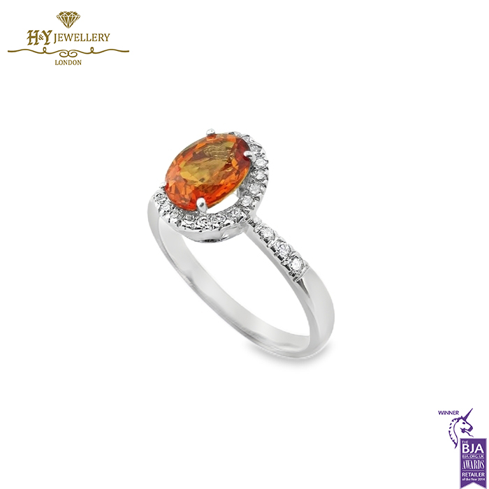 White Gold Oval Cut Orange Sapphire & Brilliant Cut Diamond Ring - 1.55ct-14050