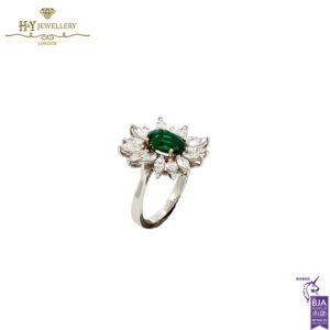 White Gold Oval Cut Emerald & Marquise Cut Diamond Floral Shape Ring - 2.83ct-17554