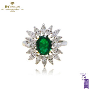 White Gold Oval Cut Emerald & Marquise Cut Diamond Floral Shape Ring - 2.83ct-0