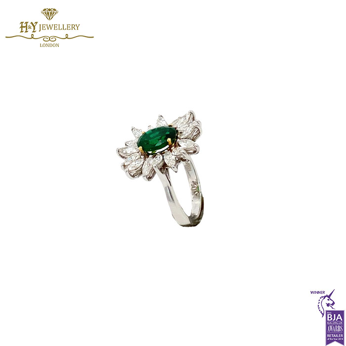 White Gold Oval Cut Emerald & Marquise Cut Diamond Floral Shape Ring - 2.83ct-17553