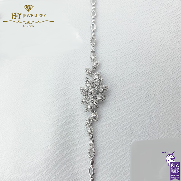 White Gold Brilliant Cut Diamond Leaf Bracelet - 1.53ct-17164
