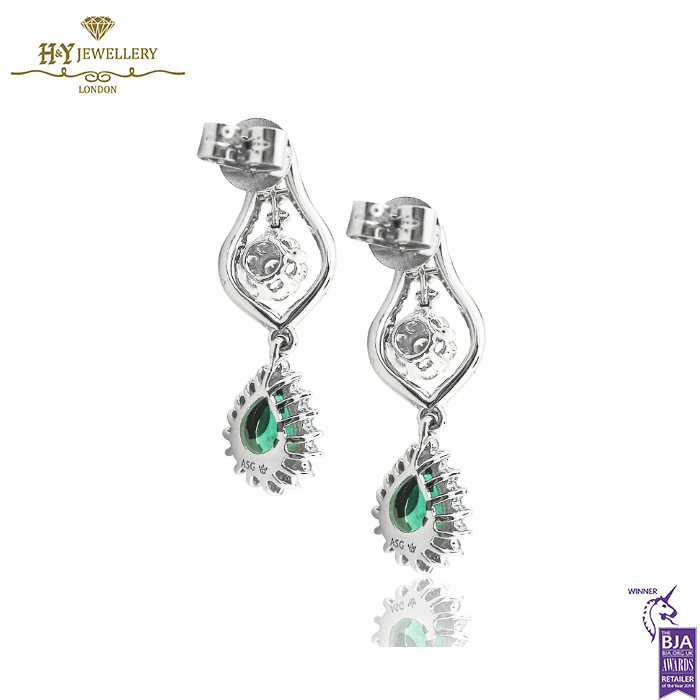 White Gold Pear Cut Emerald & Brilliant Cut Diamond Drop Earrings - 2.35ct-14487