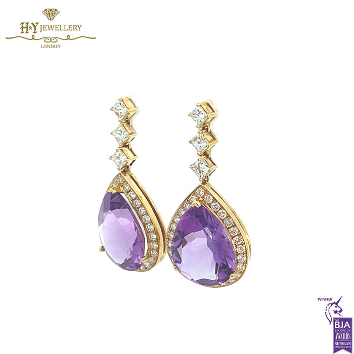 Yellow Gold Pear Cut Amethyst & Brilliant Cut Diamond Drop Earrings - 13.02ct-17259