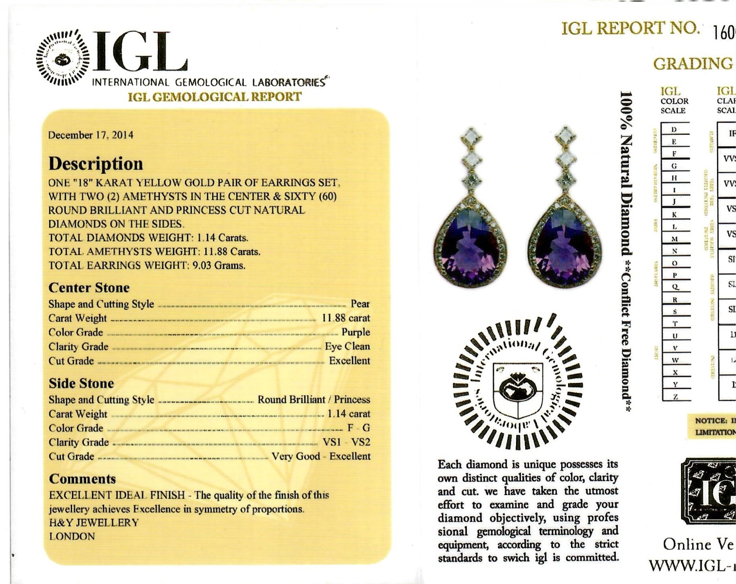 Yellow Gold Pear Cut Amethyst & Brilliant Cut Diamond Drop Earrings - 13.02ct-11764