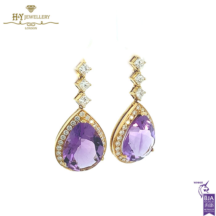 Yellow Gold Pear Cut Amethyst & Brilliant Cut Diamond Drop Earrings - 13.02ct-17258