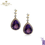 Yellow Gold Pear Cut Amethyst & Brilliant Cut Diamond Drop Earrings - 13.02ct-0