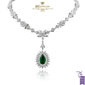 White Gold Pear Cut Emerald & Mix Cut Diamond Necklace - 6.38ct-0