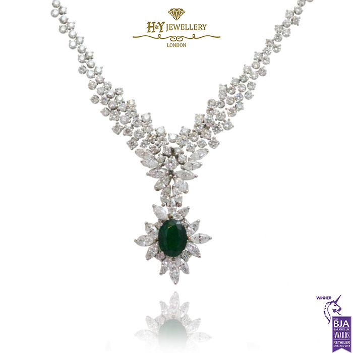 White Gold Oval Cut Emerald & Mix Cut Diamond Necklace - 7.67ct-0