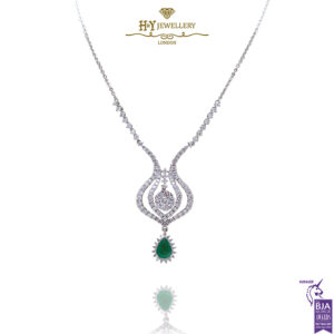 White Gold Pear Cut Emerald & Brilliant Cut Diamond Necklace - 2.29ct-0