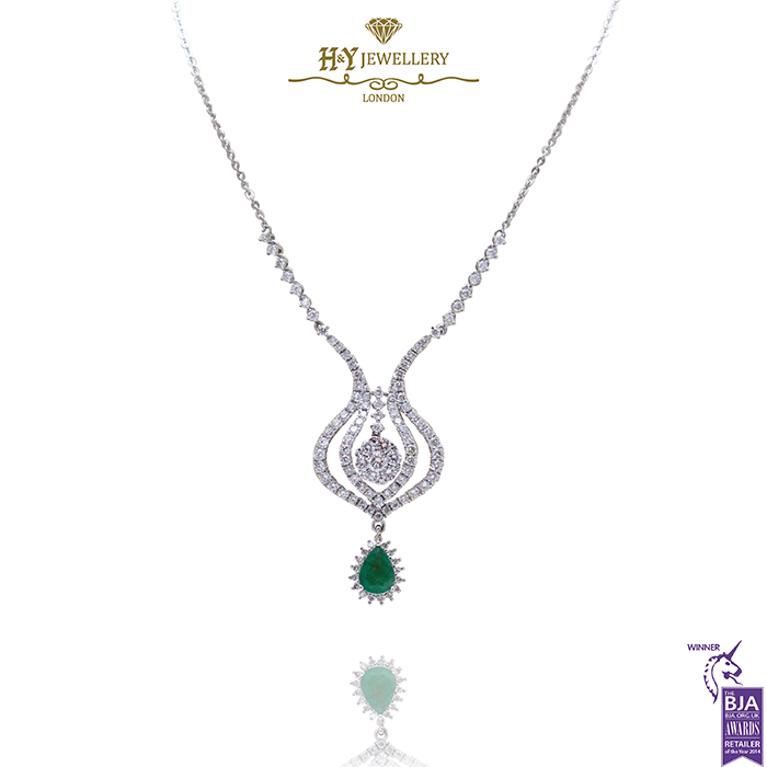 White Gold Pear Cut Emerald & Brilliant Cut Diamond Necklace - 2.29ct-0