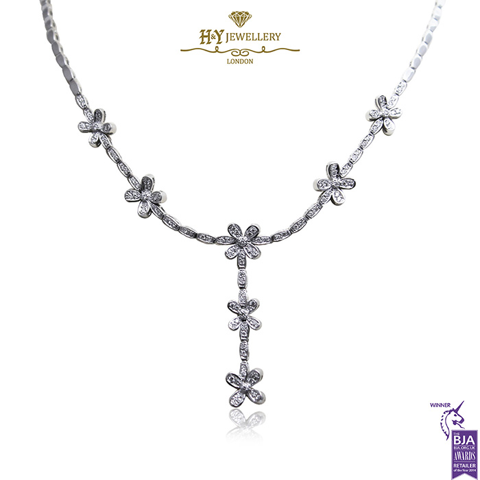 White Gold Brilliant Cut Diamond Flower Design Necklace - 1.01ct-0