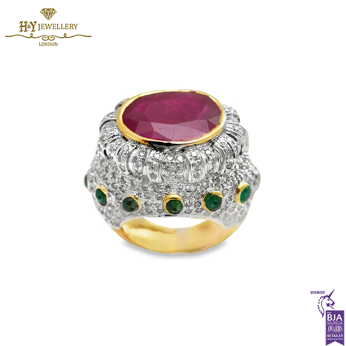 Yellow & White Gold Brilliant Cut Emerald and Diamond & Oval Cut Ruby Ring - 14.74ct-0