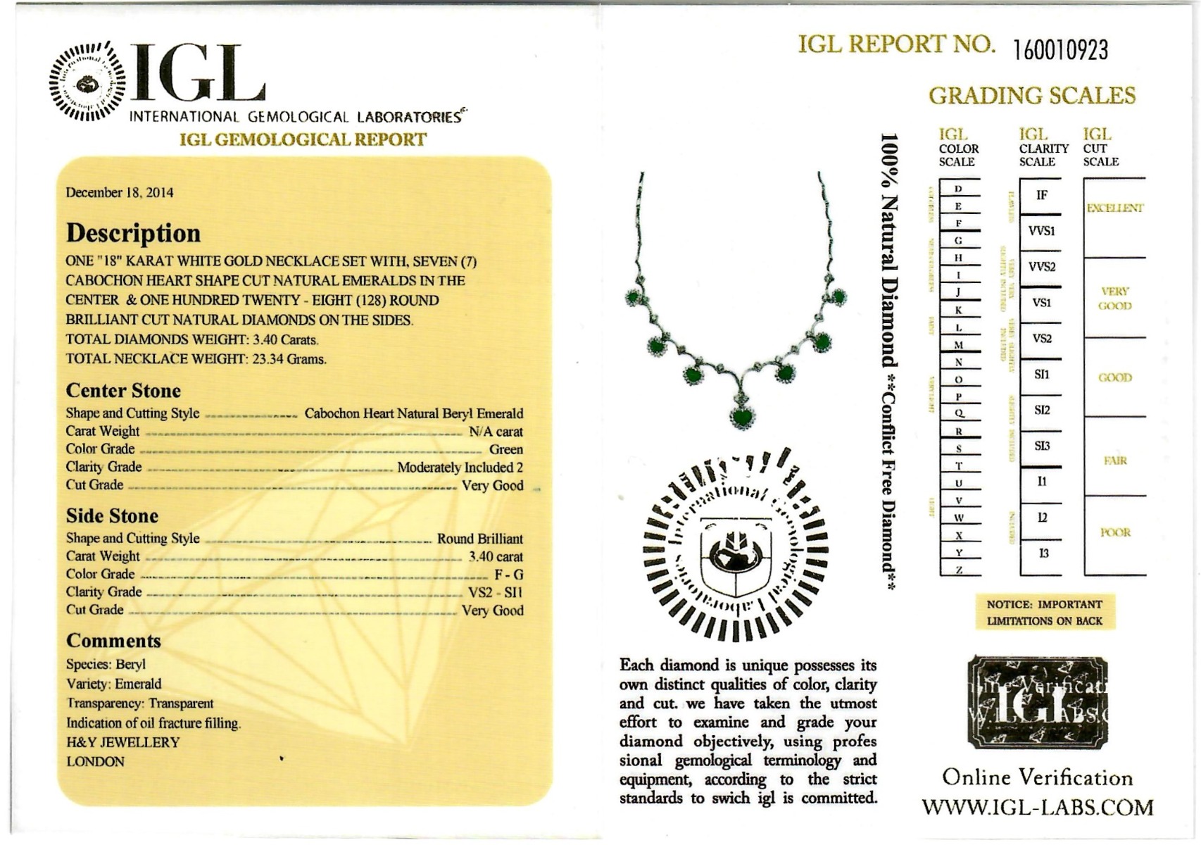 White Gold Heart Cut Emerald & Brilliant Cut Diamond Necklace & Earring Set - 10.42ct-11552