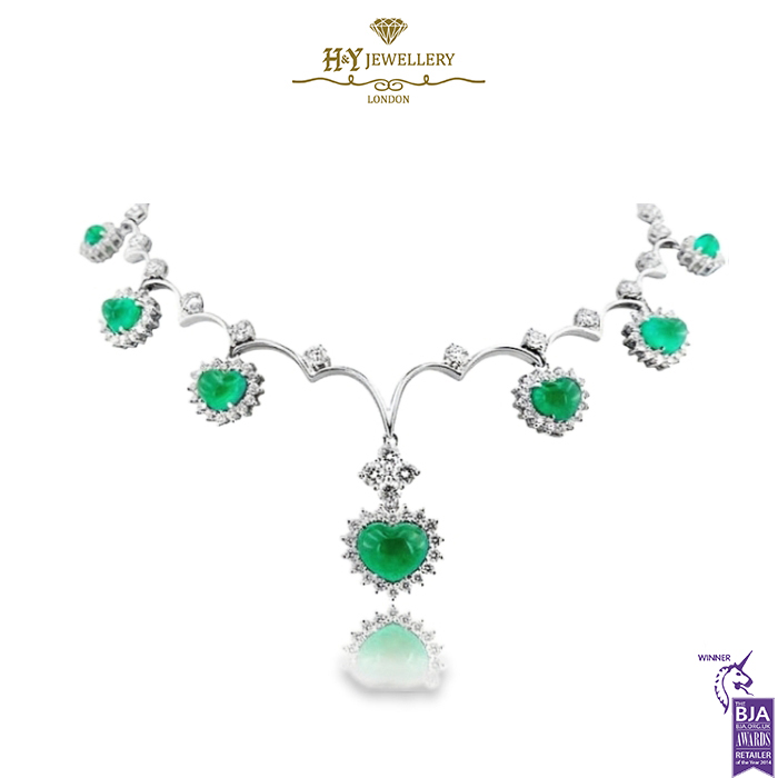 White Gold Heart Cut Emerald & Brilliant Cut Diamond Necklace & Earring Set - 10.42ct-0