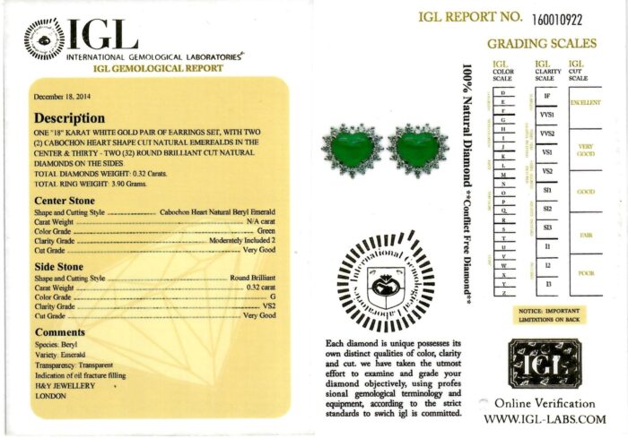 White Gold Heart Cut Emerald & Brilliant Cut Diamond Necklace & Earring Set - 10.42ct-11553