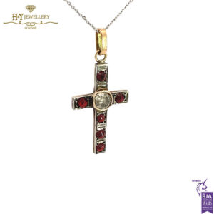 Yellow Gold Brilliant Cut Diamond Garnet Cross Pendant - 2.00ct-17358