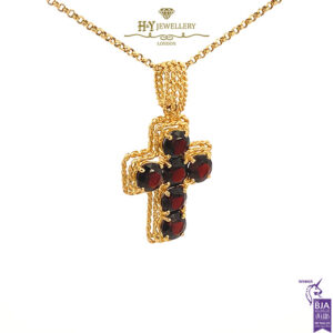 Yellow Gold Red Garnet Cross Charm Pendant -17361