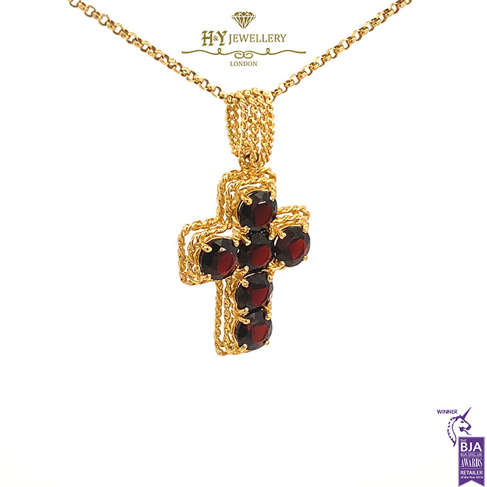 Yellow Gold Red Garnet Cross Charm Pendant -17361