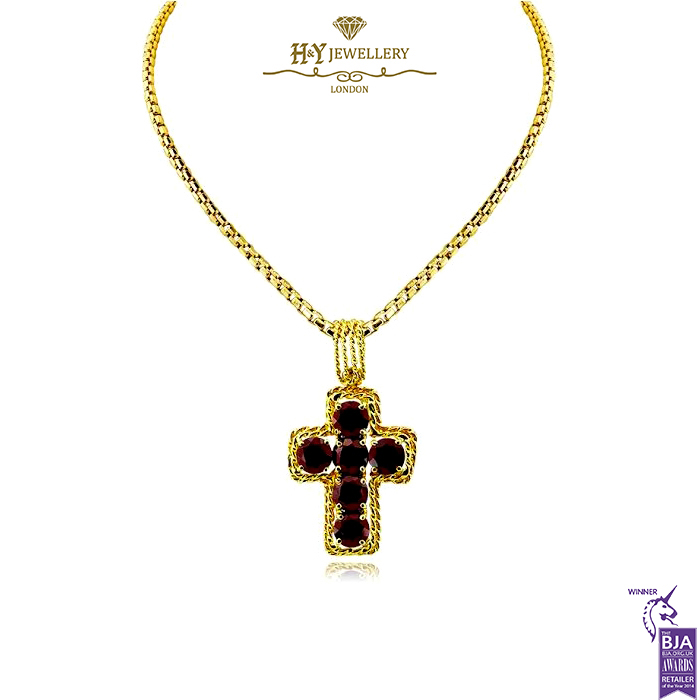Yellow Gold Red Garnet Cross Charm Pendant -0