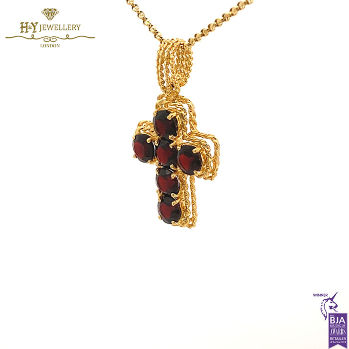 Yellow Gold Red Garnet Cross Charm Pendant -17370