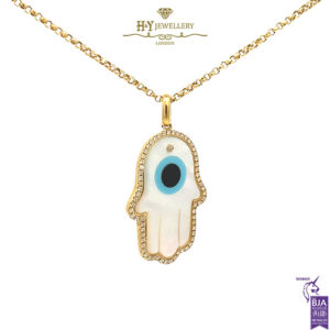 Yellow Gold Mother of Pearl & Brilliant Cut Diamond Fatima Hand Pendant - 0.25ct-17371