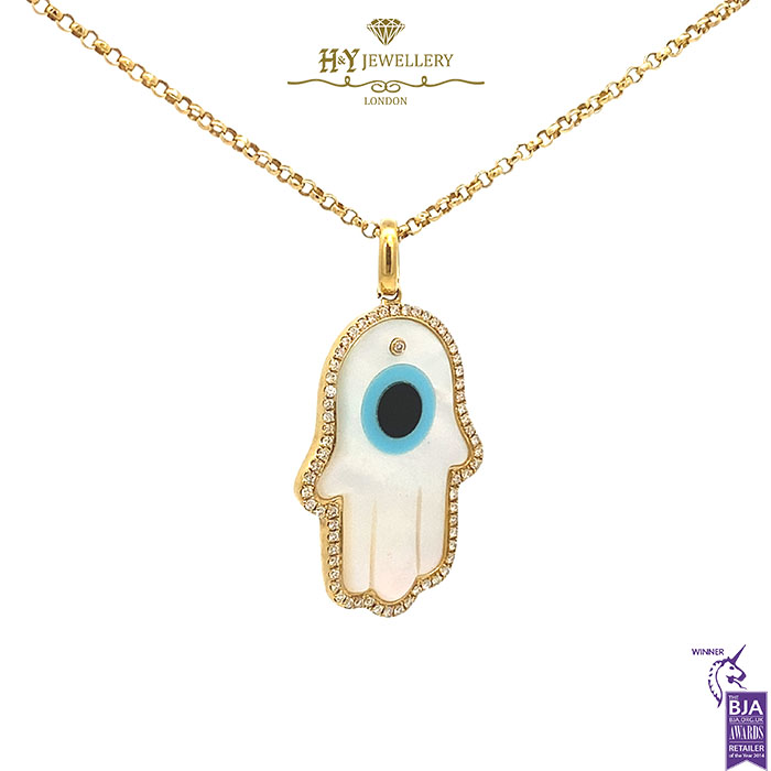 Yellow Gold Mother of Pearl & Brilliant Cut Diamond Fatima Hand Pendant - 0.25ct-17371