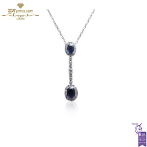 White Gold Oval Cut Sapphire and Brilliant Cut Diamond Drop Pendant - 3.64ct-0