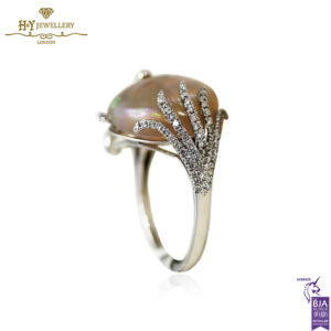 White Gold Trilliant Cut Opal & Brilliant Cut Diamond Ring - 0.62ct-14160