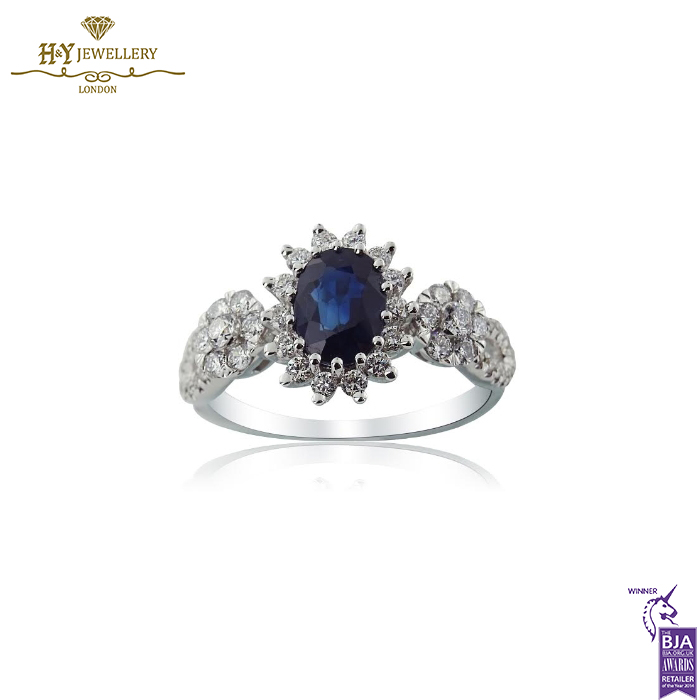 White Gold Oval Cut Sapphire & Brilliant Cut Diamond Ring - 1.77ct-0