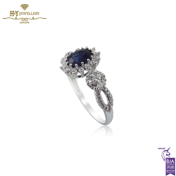 White Gold Oval Cut Sapphire & Brilliant Cut Diamond Ring - 1.77ct-14237