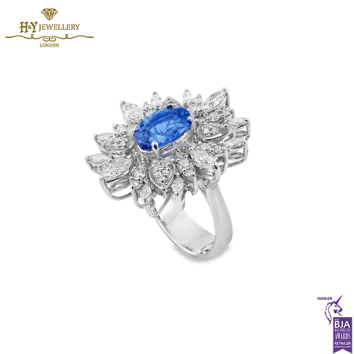 White Gold Oval Cut Tanzanite & Marquise with Brilliant Cut Diamond Ring - 3.82ct-14336