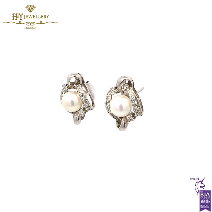 White Gold Pearl & Brilliant Cut Diamond Earrings - 0.30ct-17338