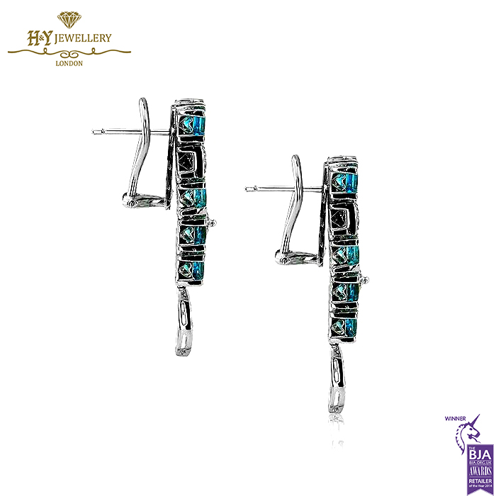 White Gold Princess Cut Blue Topaz & Brilliant Cut Diamond Drop Earrings - 7.34ct-14466